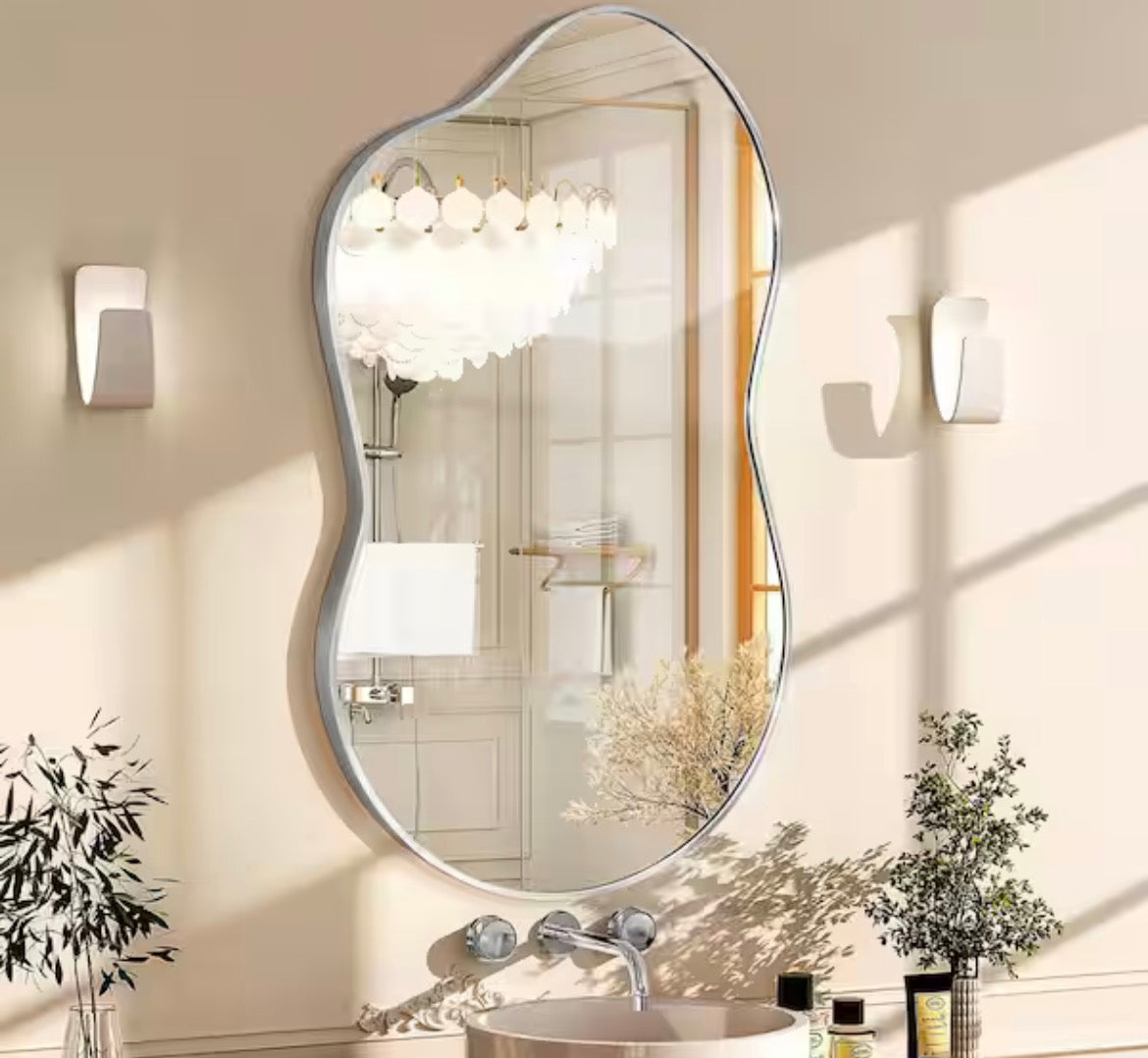 26 in. W x 46 in. H Asymmetrical Silver Aluminum Alloy Framed Wall Mirror Irregular Wall Mirror