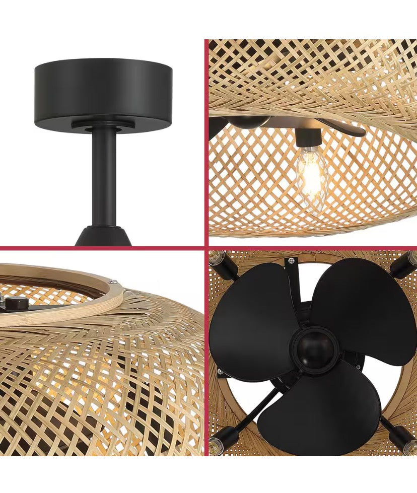 Bayneswood 22 in. 4-Light Indoor Matte Black and Natural Wicker Fandelier with Remote Control, Bulbs Not Included