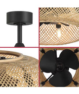 Bayneswood 22 in. 4-Light Indoor Matte Black and Natural Wicker Fandelier with Remote Control, Bulbs Not Included