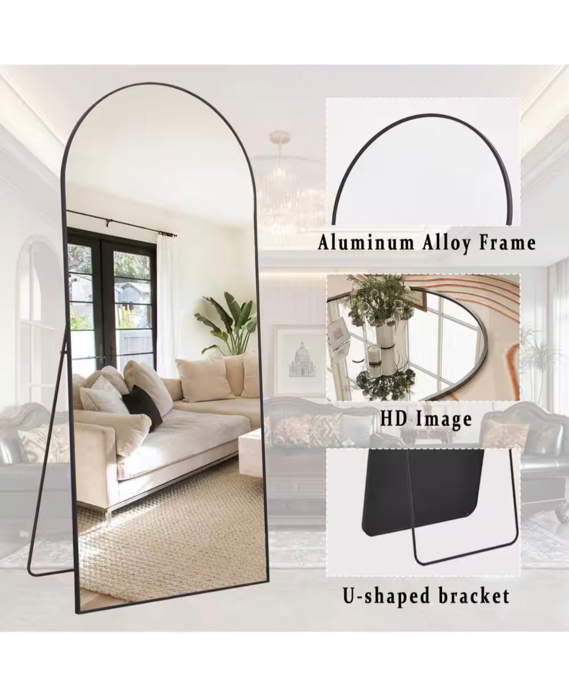 26 in. W x 71 in. H Arched Black Aluminum Alloy Framed Full Length Mirror Standing Floor Mirror