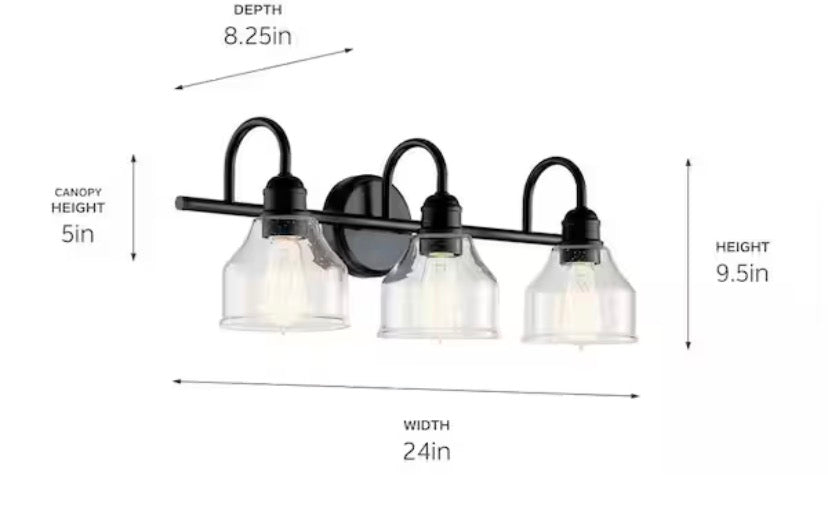 Avery 24 in. 3-Light Black Industrial Bathroom Vanity Light with Clear Seeded Glass