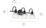 Avery 24 in. 3-Light Black Industrial Bathroom Vanity Light with Clear Seeded Glass