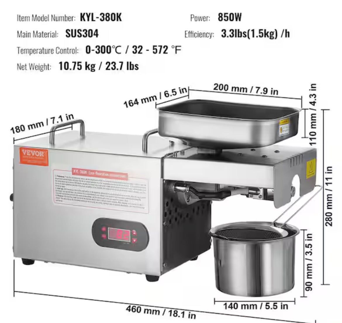 850-Watt Electric Oil Press Machine, Stainless Steel Oil Extractor 0/300Â°C Adjustable Temperature Hot Press Oil Expeller
