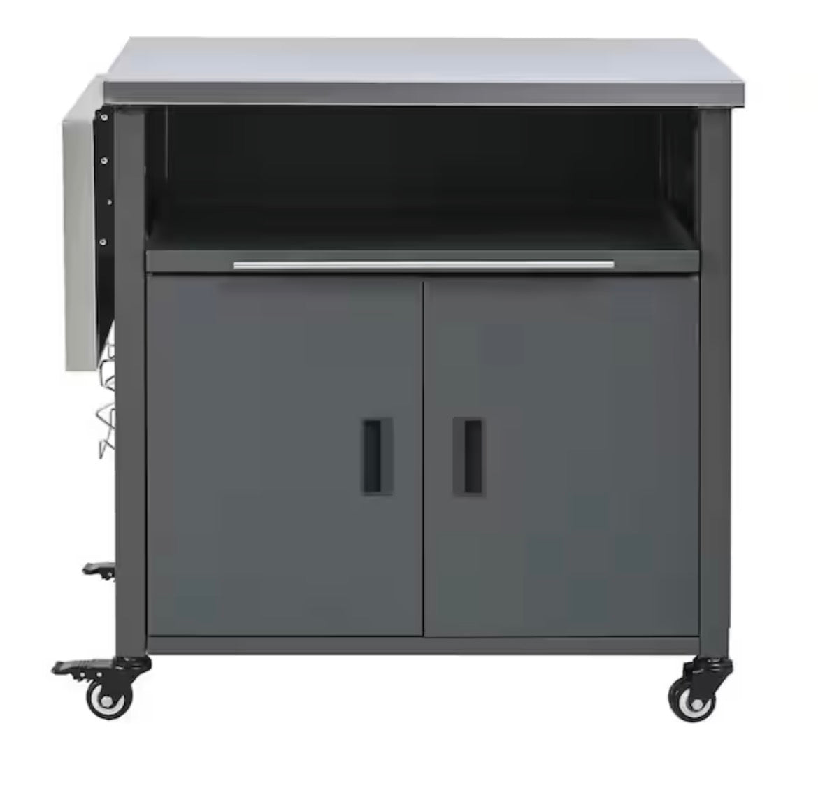 Gray Stainless Steel Top Kitchen Cart with Trash Rack, Foldable Top and Storage Space