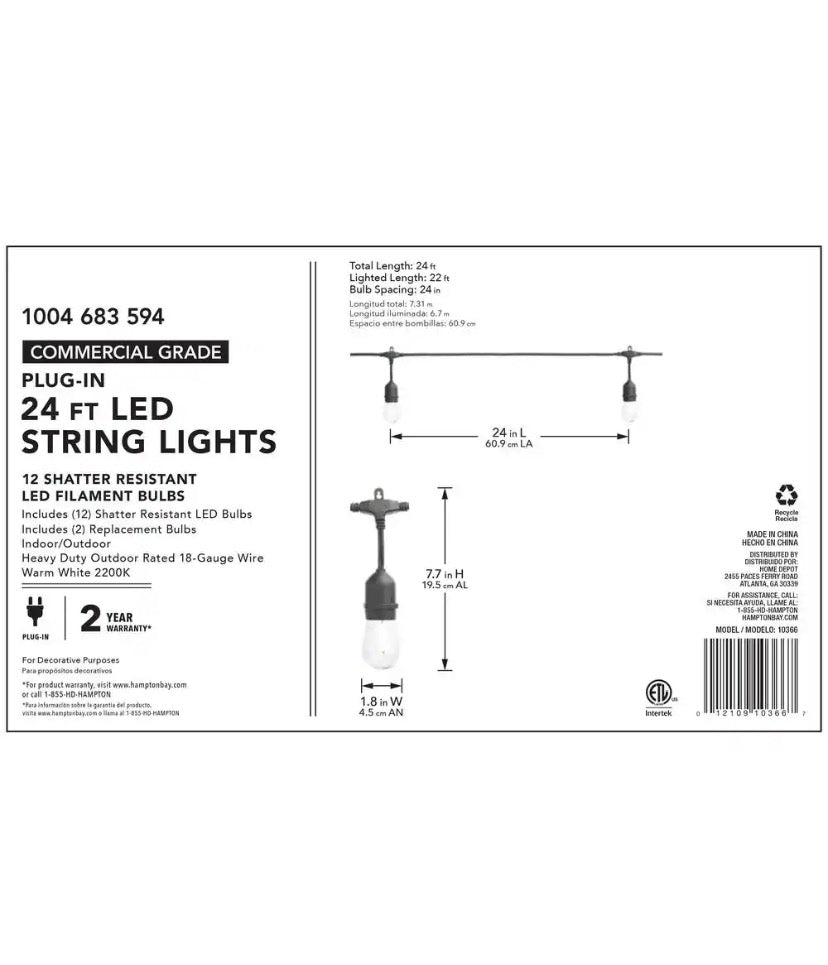 12-Light 24 ft. Indoor/Outdoor String Light with S14 Single Filament LED Bulbs