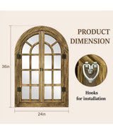 24 in. W x 36 in. H Farmhouse Arched Brown Wood Framed Windowpane Wall Mirror