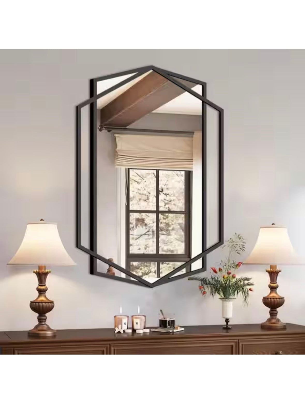 23 in. W x 32 in. H Hexagonal Rectangular Black Metal Frame Decorative Mirror Bathroom Mirror Wall Mirror