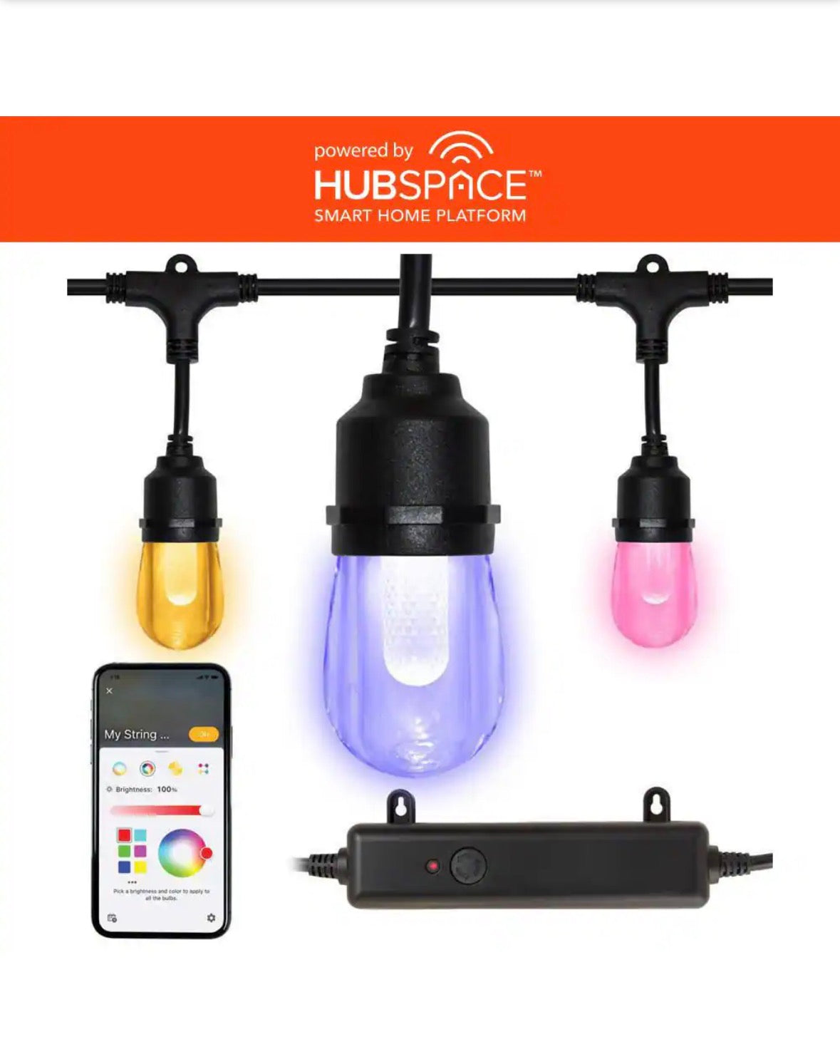 Smart Black 12-Light 24 ft. Indoor/Outdoor Plug-in Integrated LED RGBW String Light with Party Mode Powered by Hubspace
