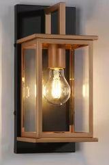 Black and Brass Rectangle Outdoor Hardwired Wall Lantern Sconce with Clear Glass Shade