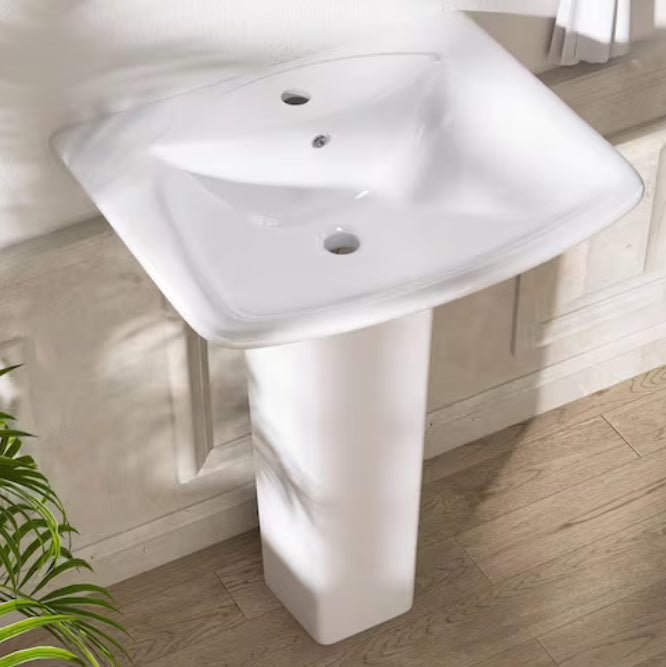 24 in. W x 19 in. D Vitreous China Vessel U Shape Pedestal Combo Bathroom Sink in White with Overflow Drain