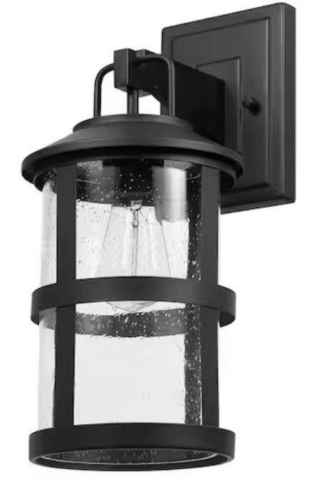 Penelope Matte Black Modern Indoor/Outdoor 1-Light Wall Sconce with Seeded Glass Shade