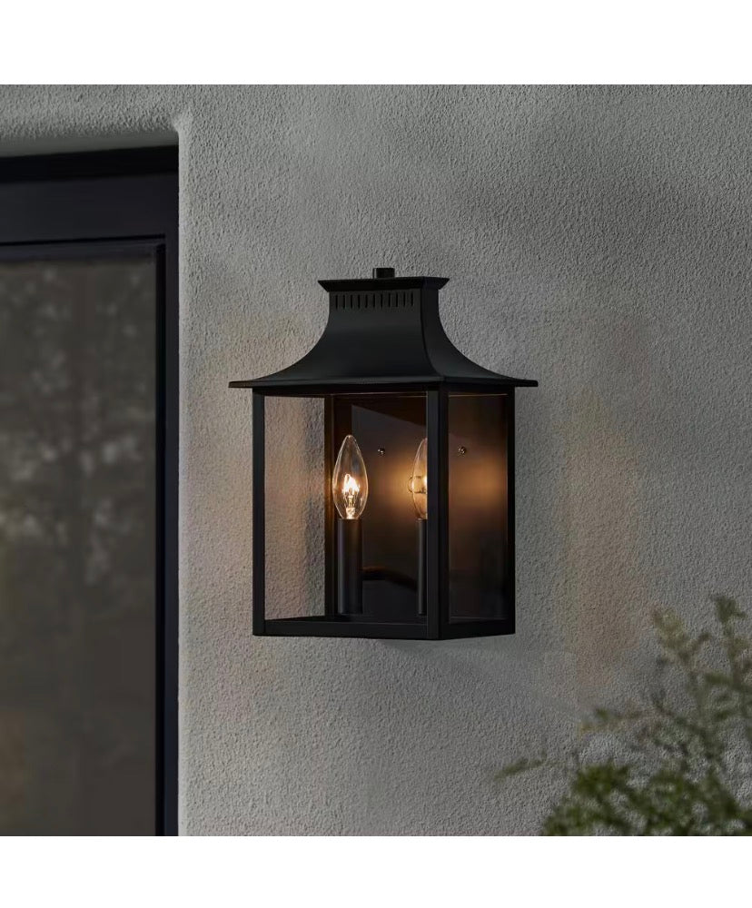 Emory Hills 13 in. 2-Light Matte Black Hardwired Outdoor Wall Light Lantern Sconce with No Bulbs Included