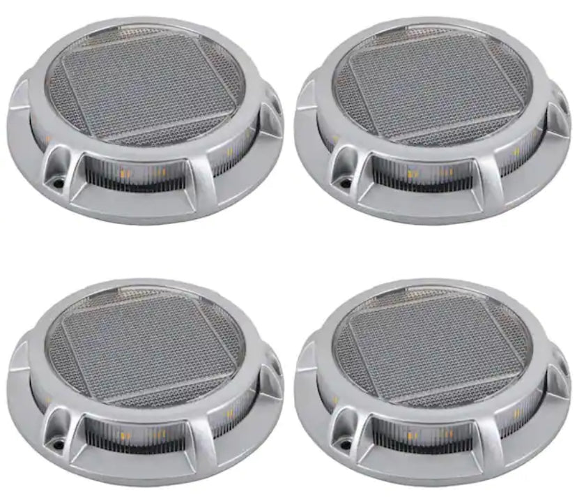 Solar 15 Lumens Silver Integrated LED In-Ground Disk Path Light with Textured Lens (4-Pack); Weather/Rust Resistant