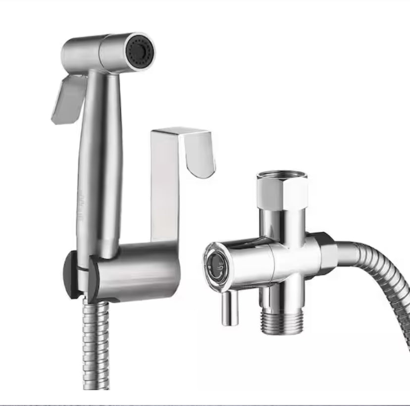 Single-Handle Bidet Faucet with Sprayer Holder, Solid Brass T-Valve and Flexible Hose in Brushed Nickel