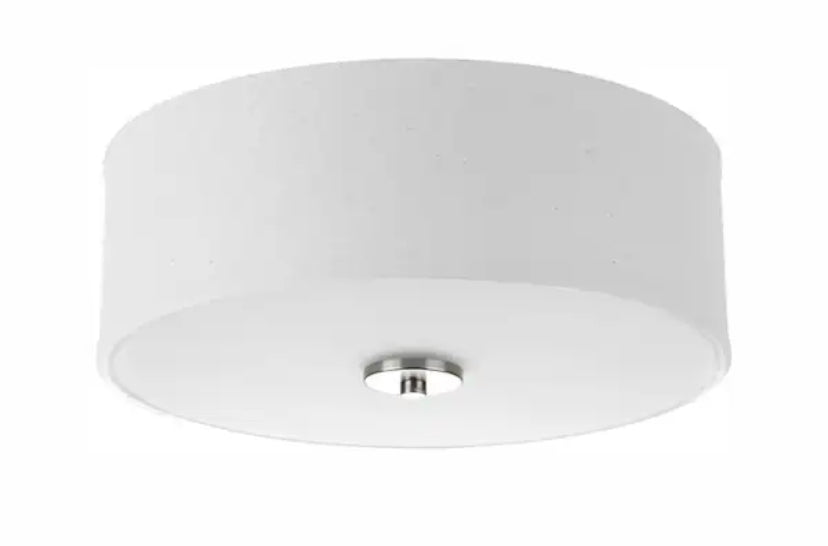 Inspire Collection 13 in. Transitional Brushed Nickel LED Bedroom Drum Shade Ceiling Light with White Linen Shade