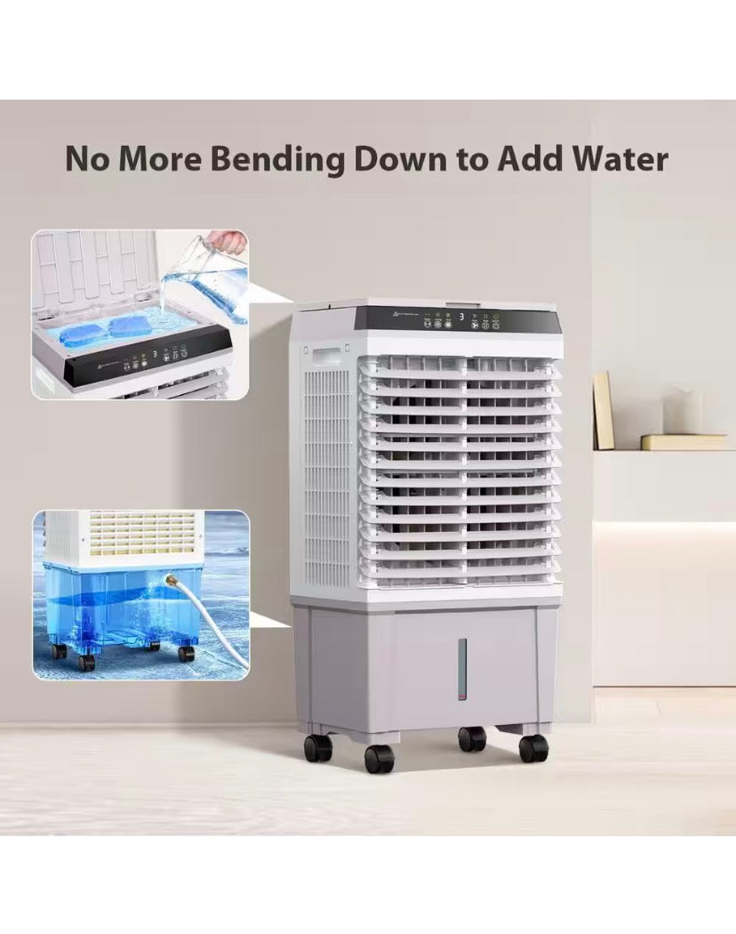 Portable Air Conditioner Fan with 3-Speed, 3 In 1 Swamp Cooler, 1800 CFM,Remote Control, 4-Ice Packs, Timer, 5.3 Gal.