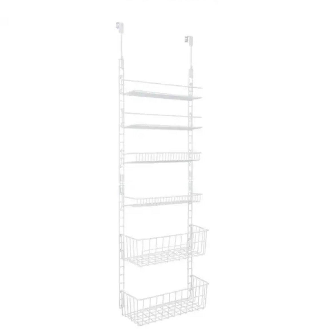 Over the Door Pantry Organizer Rack with 6-Adjustable Shelves-Steel Metal Wire Frame and Baskets-White
