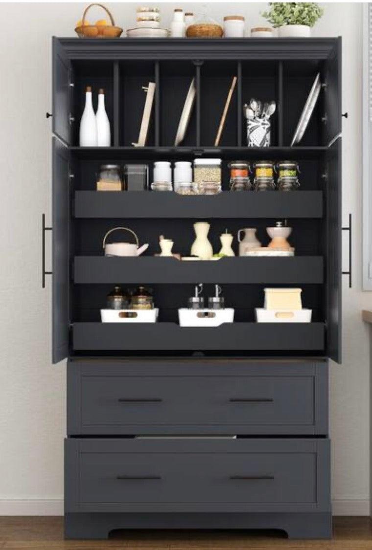 TOPMAX Grey Farmhouse Kitchen Pantry with Pull-out Trays & Cake Pan Storage