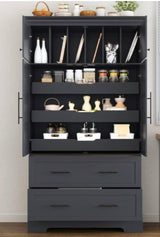 TOPMAX Grey Farmhouse Kitchen Pantry with Pull-out Trays & Cake Pan Storage