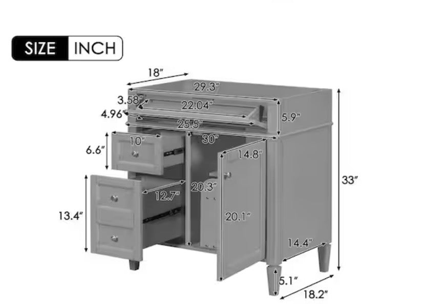 30 in. Modern Classic Bath Vanity Cabinet without Top in Gray with 2 Drawers and a Tip-out Drawer