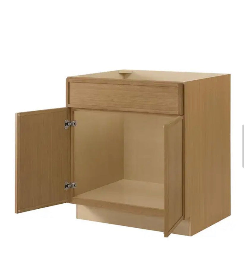 Leyton 30 in. W x 24 in. D x 34.5 in. H Ready to Assemble Plywood Slim Shaker Sink Base Kitchen Cabinet in White Oak
