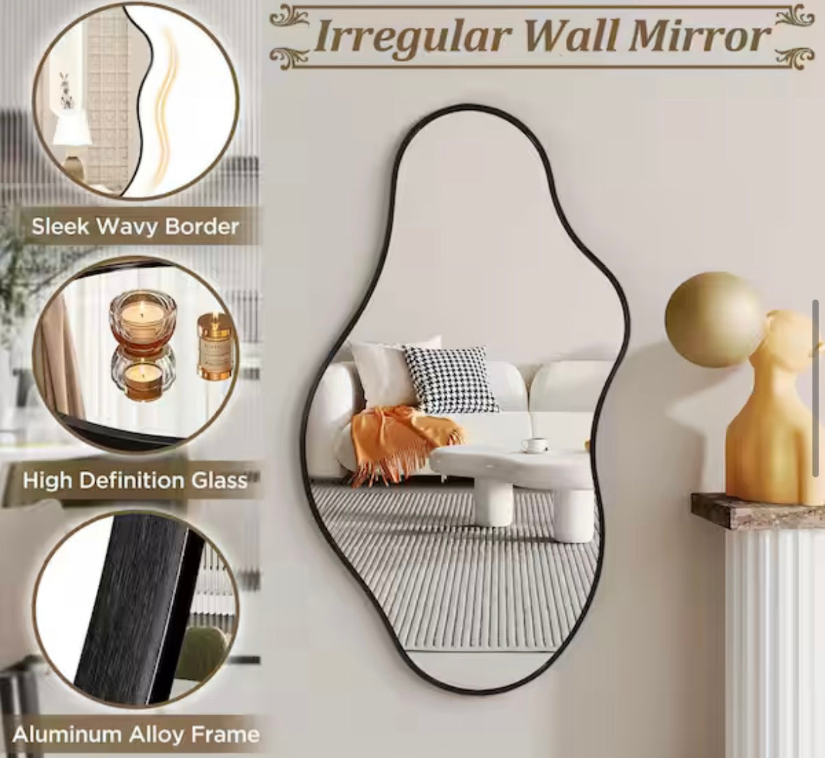 20 in. W x 36 in. H Irregular Black Aluminum Alloy Framed Asymmetrical Wall Mirror