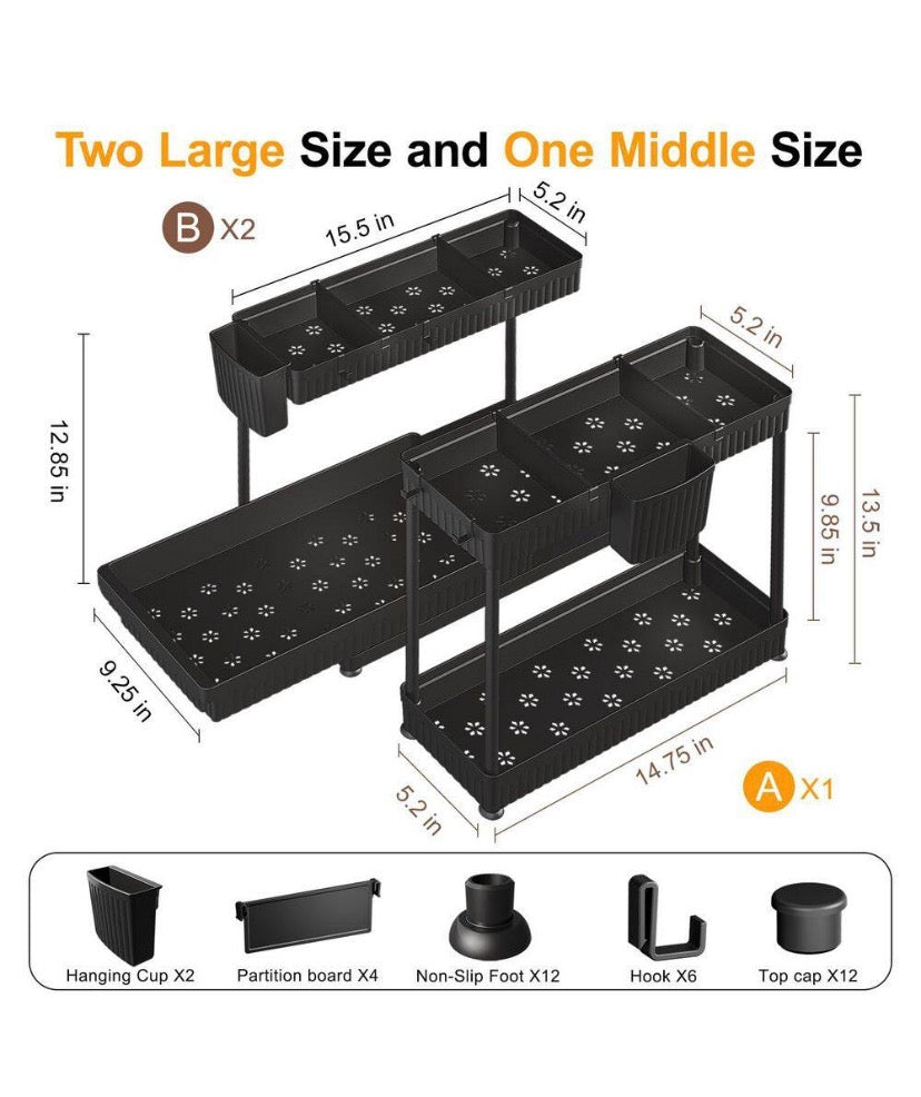 3 Pack Multi-Purpose Under Sink Organizers, L-Shaped Pull Out Cabinet Organizer with Hooks Hanging Cup, Black