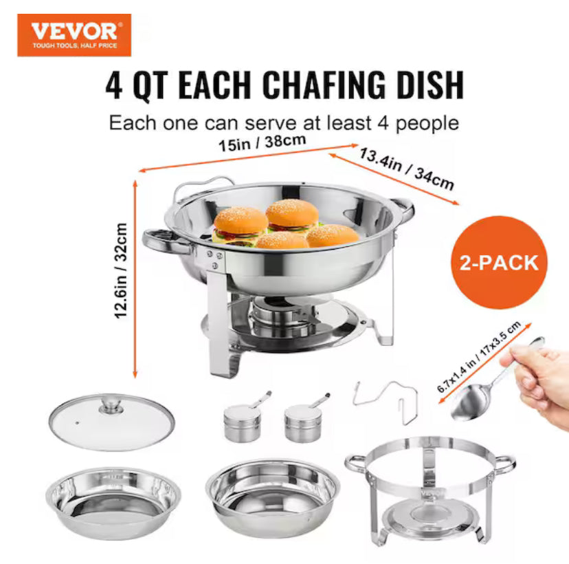 2-Pack Round Chafing Dish Set with Full-Size Stainless Steel, 4 qt. Pan Glass Lid Fuel Holder