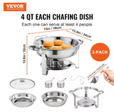 2-Pack Round Chafing Dish Set with Full-Size Stainless Steel, 4 qt. Pan Glass Lid Fuel Holder