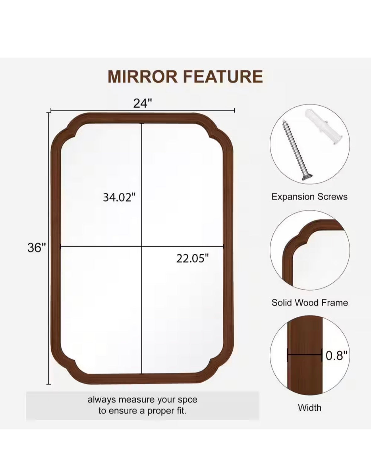 24 in. W x 36 in. H Medium Dark Walnut Wood Finish Wall Mirror - French Country Natural Pine