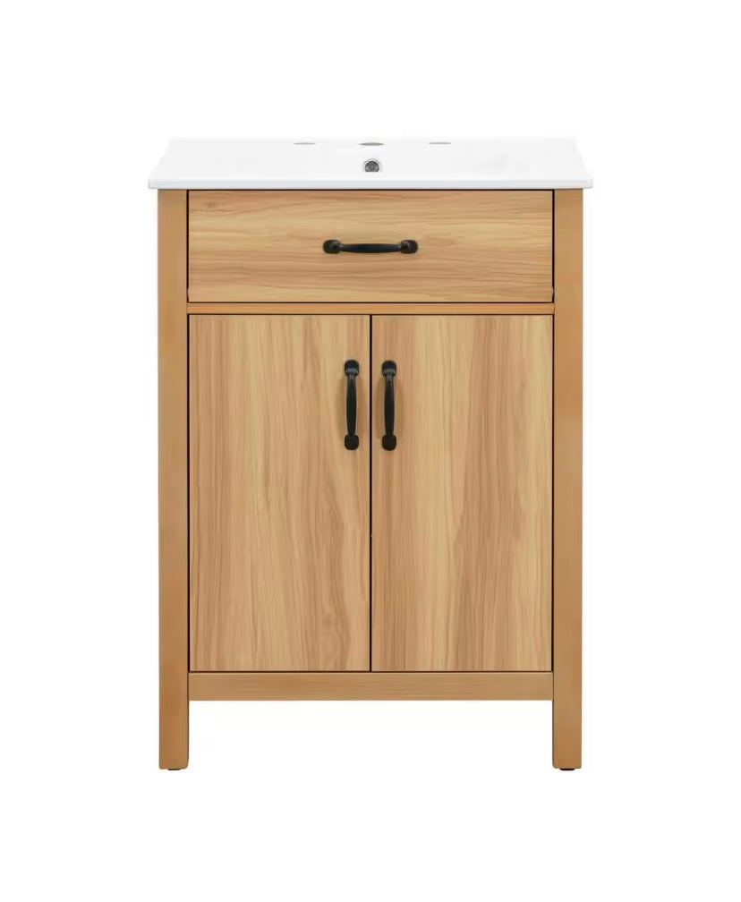 24 in. W Acacia Wood Single Sink Bath Vanity with White Ceramic Top, Flip Drawer, Door Shelves