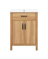 24 in. W Acacia Wood Single Sink Bath Vanity with White Ceramic Top, Flip Drawer, Door Shelves