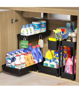 3 Pack Multi-Purpose Under Sink Organizers, L-Shaped Pull Out Cabinet Organizer with Hooks Hanging Cup, Black