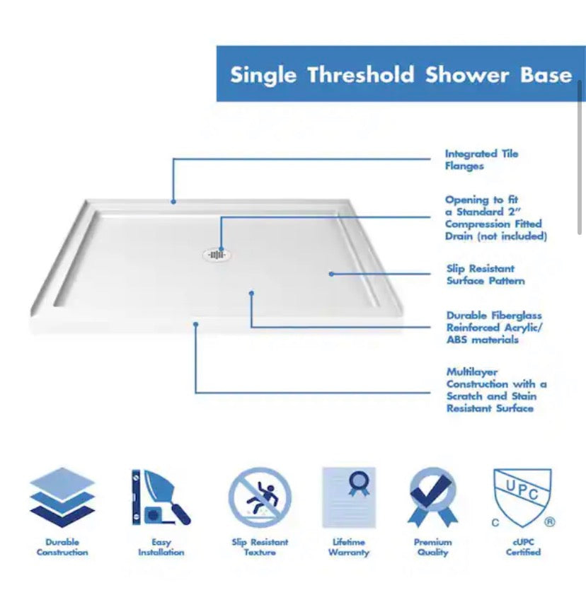 SlimLine 42 in. L x 48 in. W x 2 3/4 in. H Alcove Single Threshold Shower Pan Base with Center Drain in White