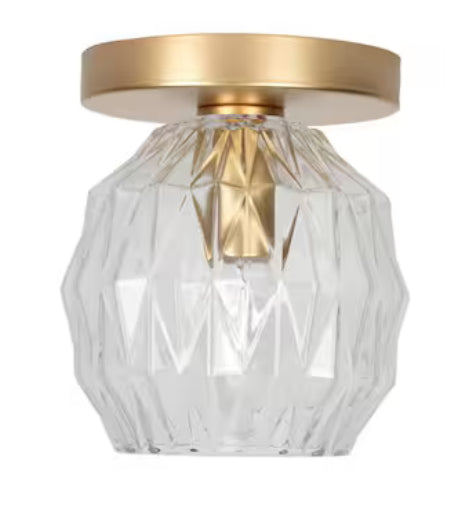 5 in. 1-Light Soft Gold Transitional Flush Mount with Faceted Clear Glass Shade and No Bulbs Included