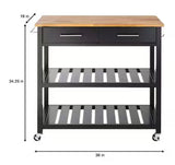 Glenville Black Rolling Kitchen Cart with Butcher Block Top, Double-Drawer Storage, and Open Shelves (36" W)
