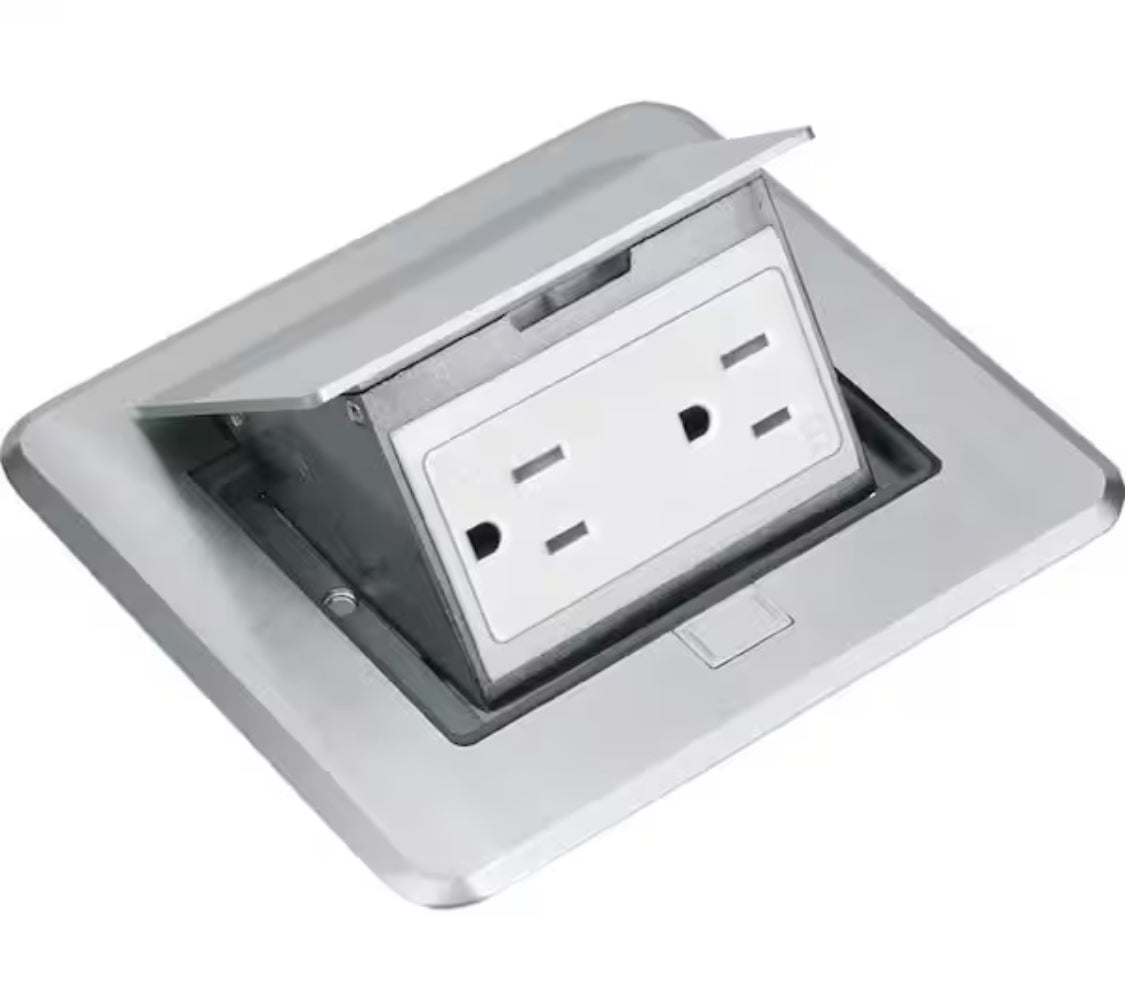 Pop-Up Floor Outlet, Electrical Box for Wood Sub-Flooring with 15A TR Duplex Receptacle, Satin Nickel