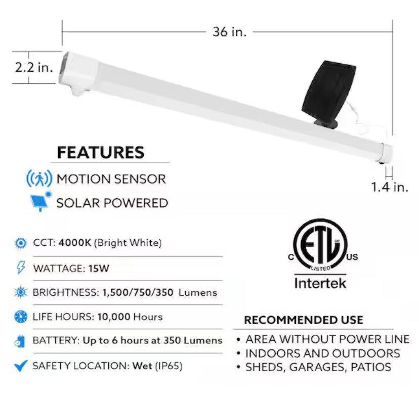 3ft. 100-Watt Equivalent Integrated LED White Solar Powered Portable Light with Motion Sensor