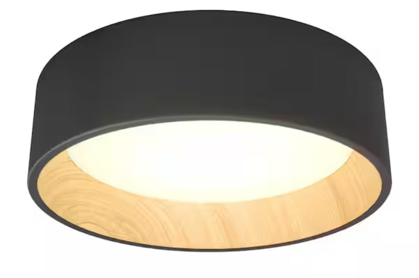 Alton 13 in. 1-Light Modern Black and Wood Integrated LED 3 CCT Flush Mount Ceiling Light Fixture for Kitchen or Bedroom