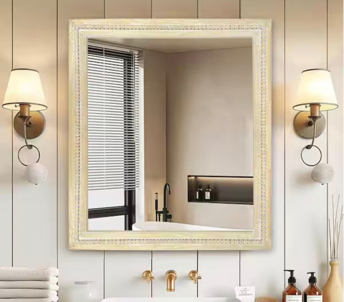 30 in. W x 36 in. H Bohemian Carved Beaded Rectangular Wood Frame Wall Mirror Decorative Mirror
