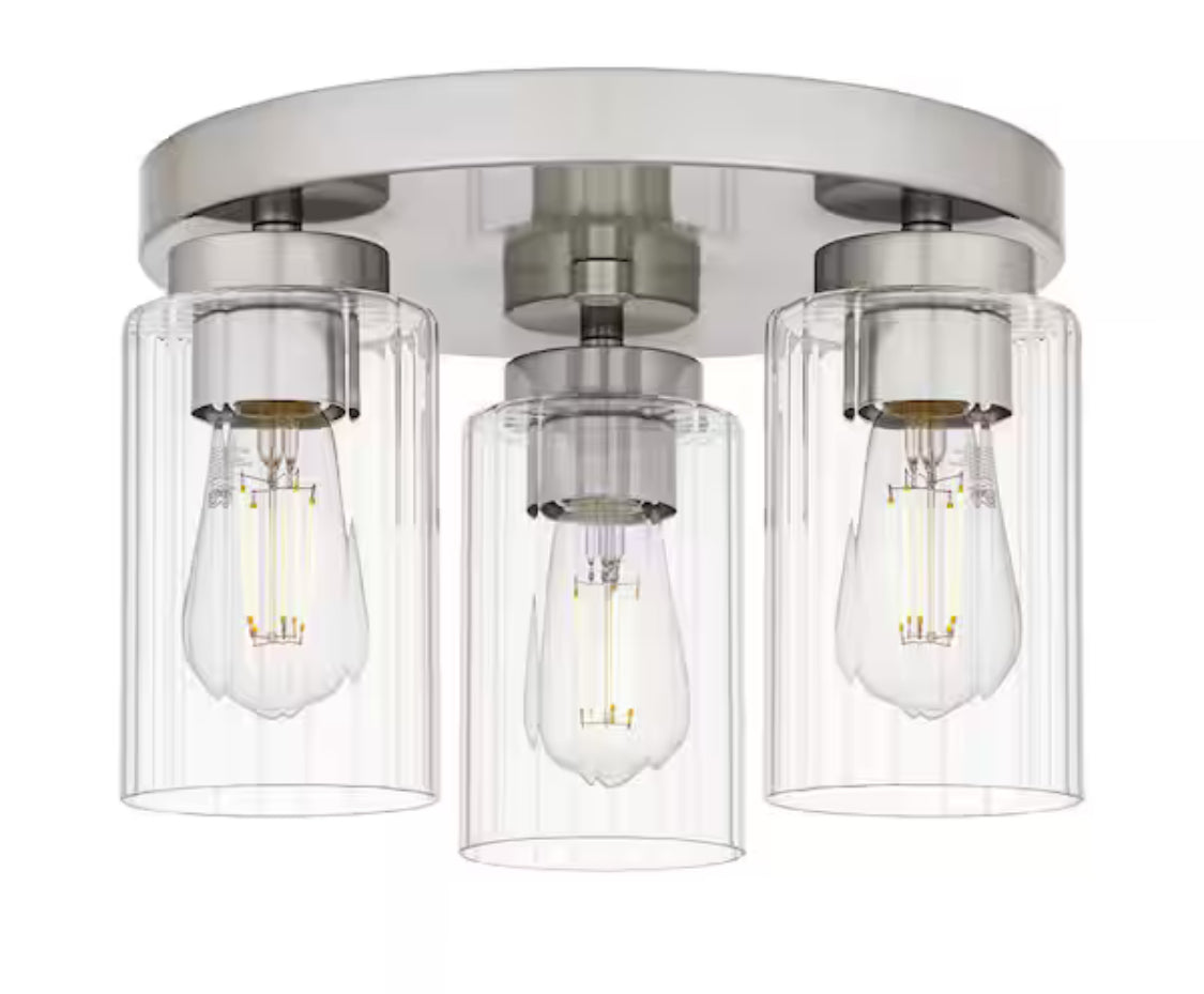 Delphi 13.25 in. 3-Light Brushed Nickel Contemporary Flush Mount with Clear Ribbed Glass Shades