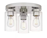 Delphi 13.25 in. 3-Light Brushed Nickel Contemporary Flush Mount with Clear Ribbed Glass Shades