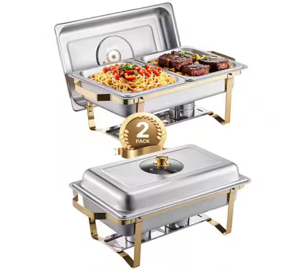 Chafing Dish Buffet Set, 8 qt. Silver, Stainless Steel Chafing Dishes and Accessories, Round Catering Warmer (2-Pack)