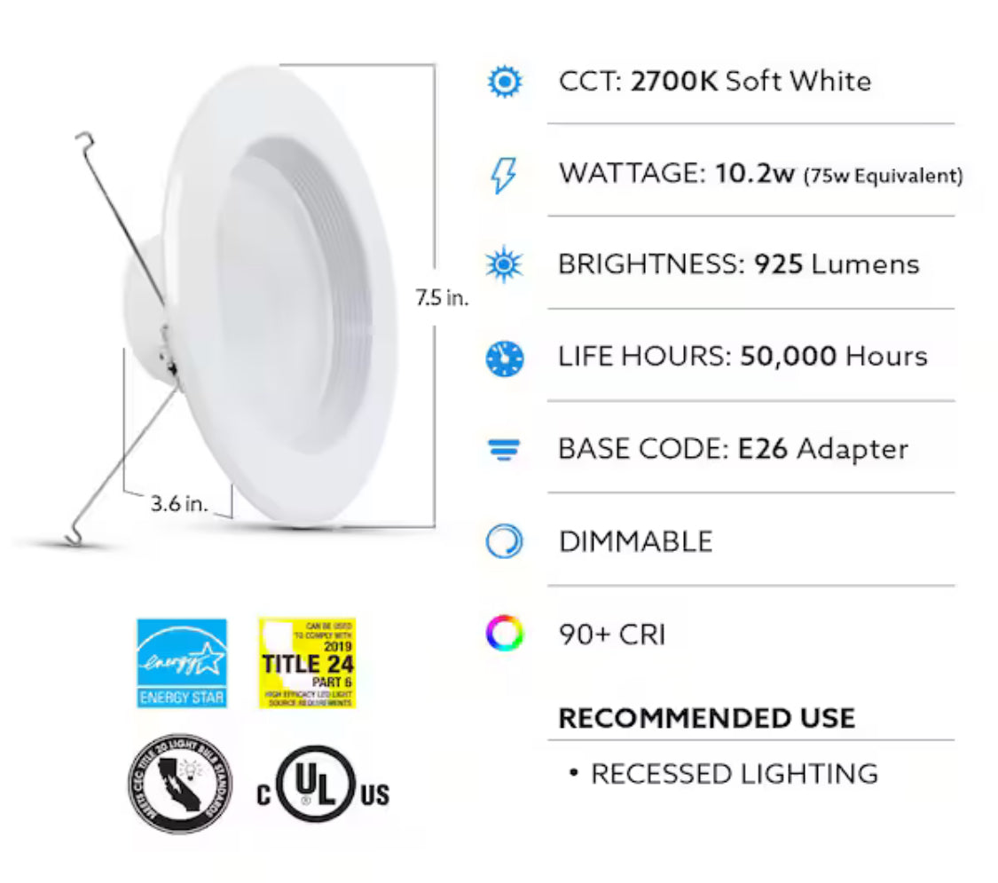 5/6 in. Integrated LED White Retrofit Recessed Light Trim Dimmable CEC Downlight Soft White 2700K, 6-Pack