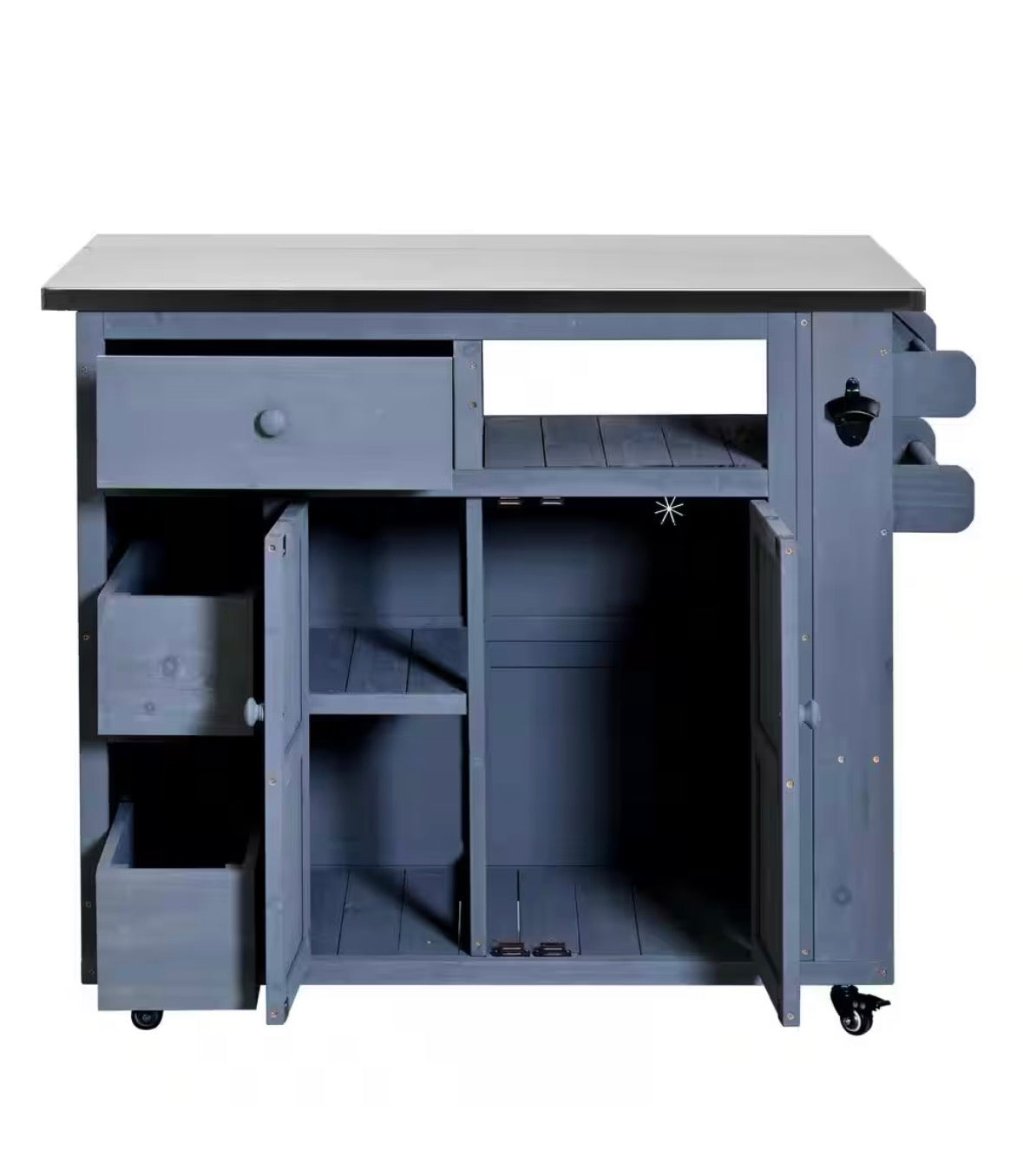 Gray Stainless Steel Top Kitchen Cart with Side Spice Rack, Drawers, Storage Cabinet