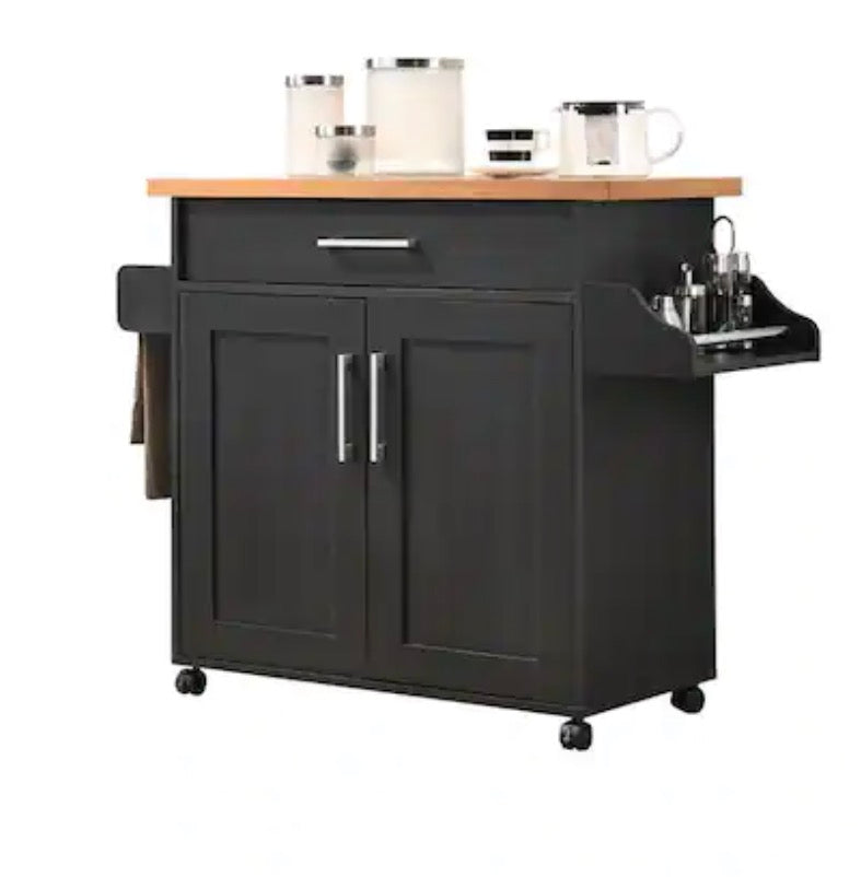 Black-Beech Kitchen Island with Spice Rack and Towel Holder