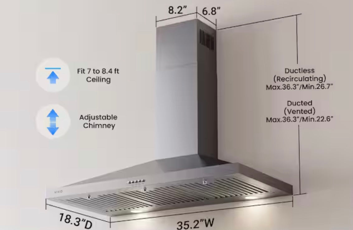 36 in. 380 CFM Convertible Kitchen Wall Mount Range Hood in Stainless Steel with Push Control, LEDs and Carbon Filters