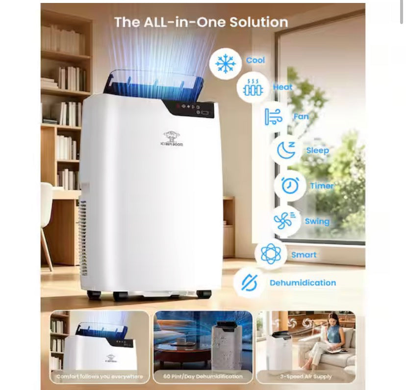 14,000 BTU 4-in-1 Portable Air Conditioner Cools 700 sq. ft., Heater, Dehumidifier, Fan and Auto Modes Remote in White