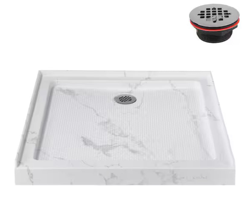 36 in. x 36 in. Alcove Acrylic Shower Pan Base in Matte Marble with Center Drain Included