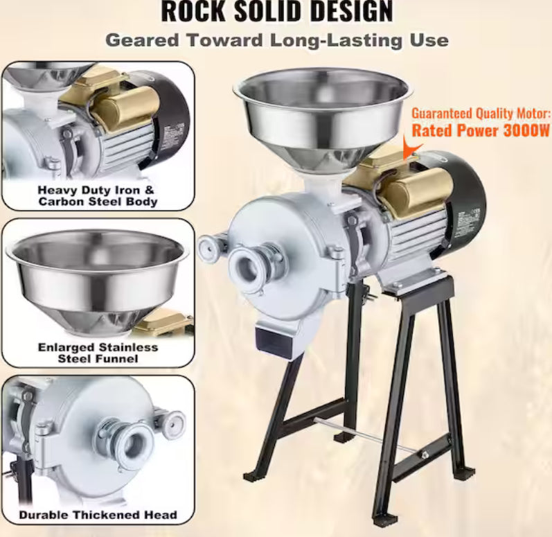 3000-Watt Electric Grain Mill Grinder, Commercial Spice and Corn Grinder, Stainless Steel Pulverizer